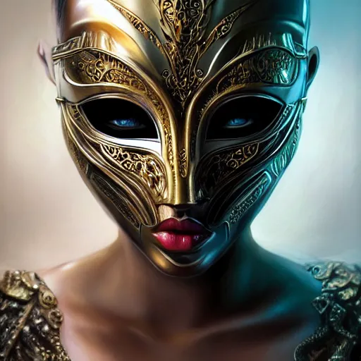 Image similar to Very very very very highly detailed epic photo of full face with beautiful ornamental venetian mask, intricate, dystopian, sci-fi, extremely detailed, digital painting, artstation, concept art, smooth, sharp focus, illustration, intimidating lighting, incredible art by Artgerm and Vincent di Fate and Anton Pieck