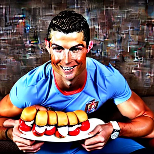 Image similar to a promo portrait of cristiano ronaldo in a sofa, holding a plate of hot dogs to the camera,