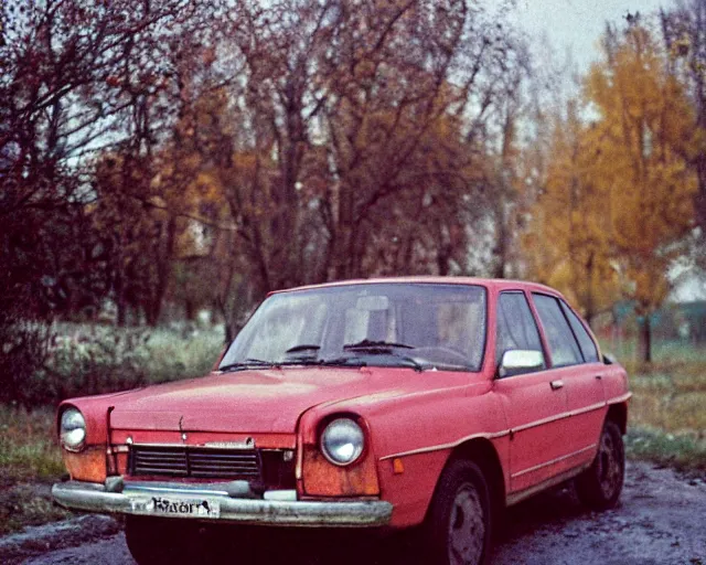 Image similar to a lomographic photo of old lada 2 1 0 7 standing in typical soviet yard in small town, hrushevka on background, cinestill, bokeh