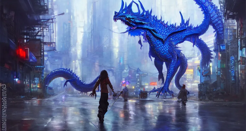 Prompt: blue dragon on a road in a cyberpunk city. by Daniel F. Gerhartz, hyperrealistic oil painting, 4k, studio lightning