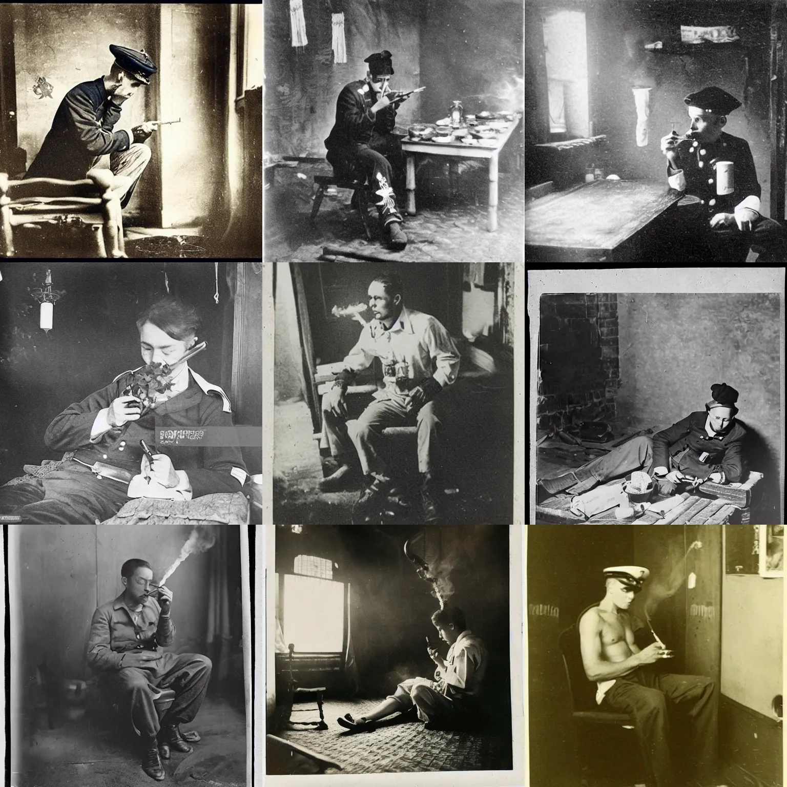 Prompt: Navy sailor smoking in an opium den, vintage photograph