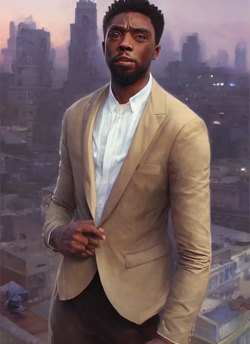Image similar to A digital painting of a portrait of Chadwick Boseman alone on a rooftop during Golden Hour. masterpiece 4k digital illustration by Ruan Jia and Mandy Jurgens and Artgerm and greg rutkowski and Alexander Tsaruk and WLOP and william-adolphe bouguereau, marvel comics, dark, intricate, highly detailed, smooth, artstation, digital illustration by Ruan Jia and Mandy Jurgens and Artgerm and Wayne Barlowe and Greg Rutkowski and Frank Frazetta , award winning, Artstation, art nouveau aesthetic, Alphonse Mucha background, intricate details, realistic, panoramic view, Hyperdetailed, 8k resolution, intricate art nouveau