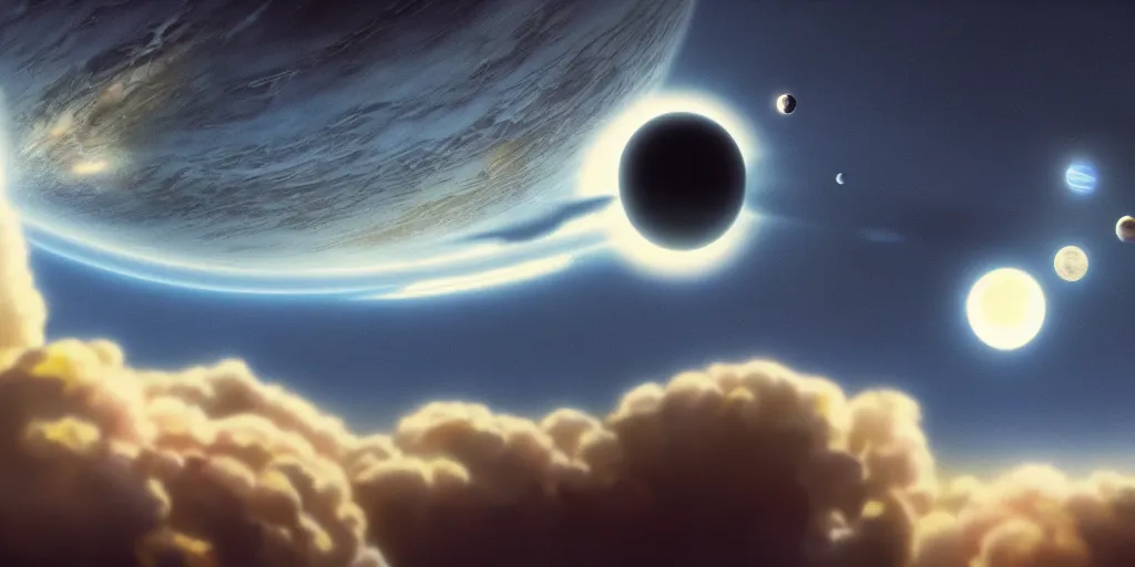 Image similar to blue dreamy cloudscape with a single planet in the clouds, ringed planet, daylight, cinematic lighting, cinematic perspective, syd mead, john harris, federico pelat,