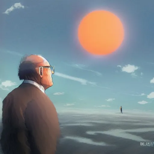 Image similar to the disembodied head of rudy giuliani is floating in the sky and covering the sun. the sky is orange. people on the ground are running away out of fear. a rotoscoped image, comedy, ( ( concept studio ghibli ) ) ( ( by greg rutkowski ) )