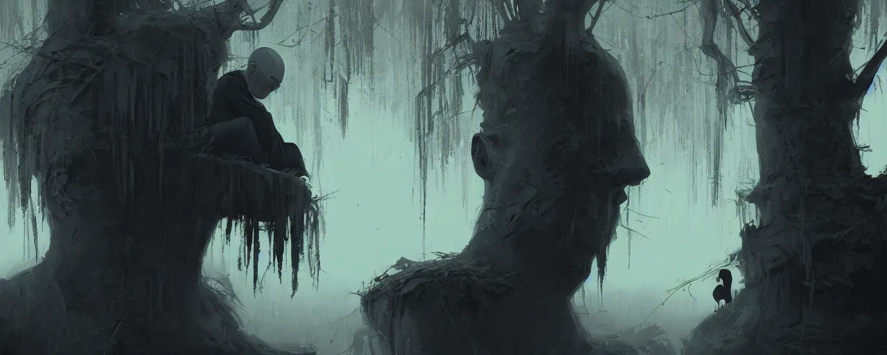 Image similar to duotone noir illustration close up of bald merchant demon sitting below willow tree in medieval brown tunic. foggy evening. dark dream atmosphere with volumetric hellish lighting, by sachin teng and sergey kolesov and ruan jia and heng z. graffiti art, scifi, fantasy, hyper detailed. octane render. concept art. trending on artstation