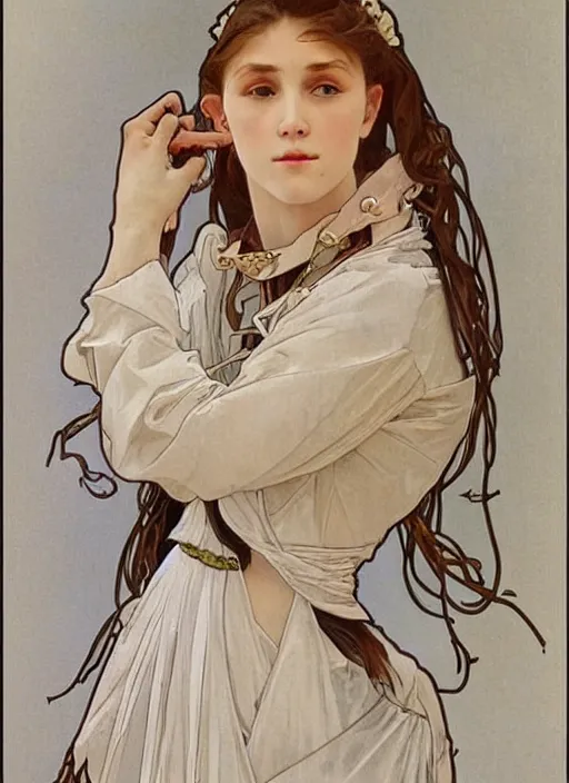 Image similar to an octanre render realistic portrait by alphonse mucha of a russian girl detailed features wearing a cargo wedding dress - sporty, sleek, tech utility - chic trend. lots of zippers, pockets, synthetic materials, jumpsuits chic'techno fashion trend by issey miyake and balenciaga