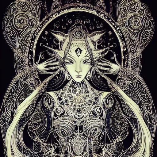 Prompt: a beautiful depiction of the goddess Lilith, mystical third eye, dressed in flowing black clothing, black fractal filigree, by James Jean, occult, stunning