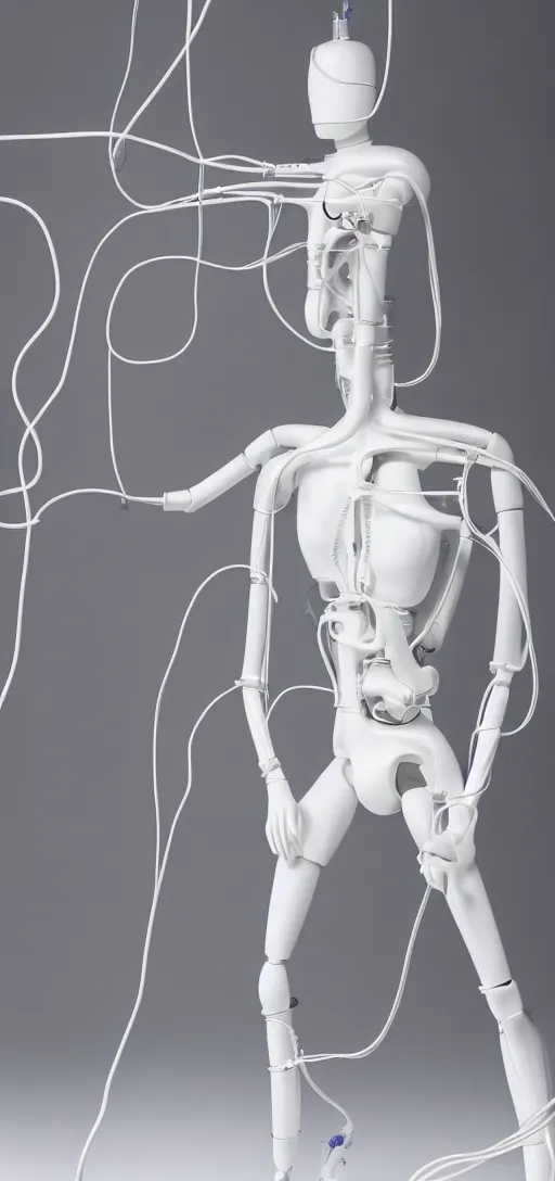 Prompt: a white futuristic mannequin with wires and pipes extending from its body