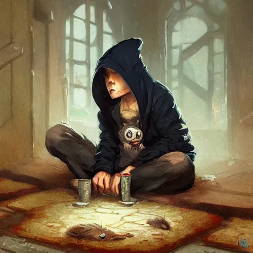 Prompt: Anthropomorphic emo rat boy wearing a hoodie resting on the floor, character illustration by Greg Rutkowski, Thomas Kinkade.