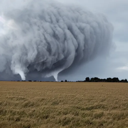 Image similar to a gray tornado in a flat field destroying a barn.