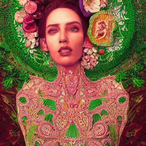 Image similar to the portrait of an absurdly beautiful, graceful, elegant, sophisticated, fashionable ethnic woman made of strawberries and green petals looking up, an ultrafine hyperdetailed illustration by kim jung gi, irakli nadar, intricate linework, bright colors, octopath traveler, final fantasy, unreal engine 5 highly rendered, global illumination, radiant light, detailed and intricate environment