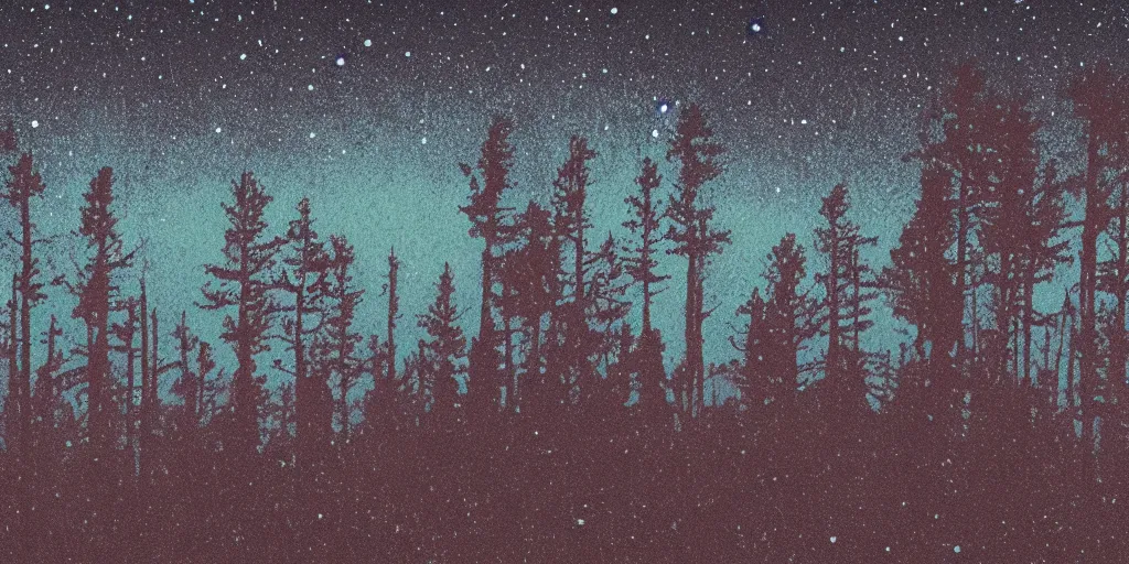 Prompt: a forest under the stars, 1940s faded risograph print, illustration, limited color palette, earthtones, double-exposure, astrophotography