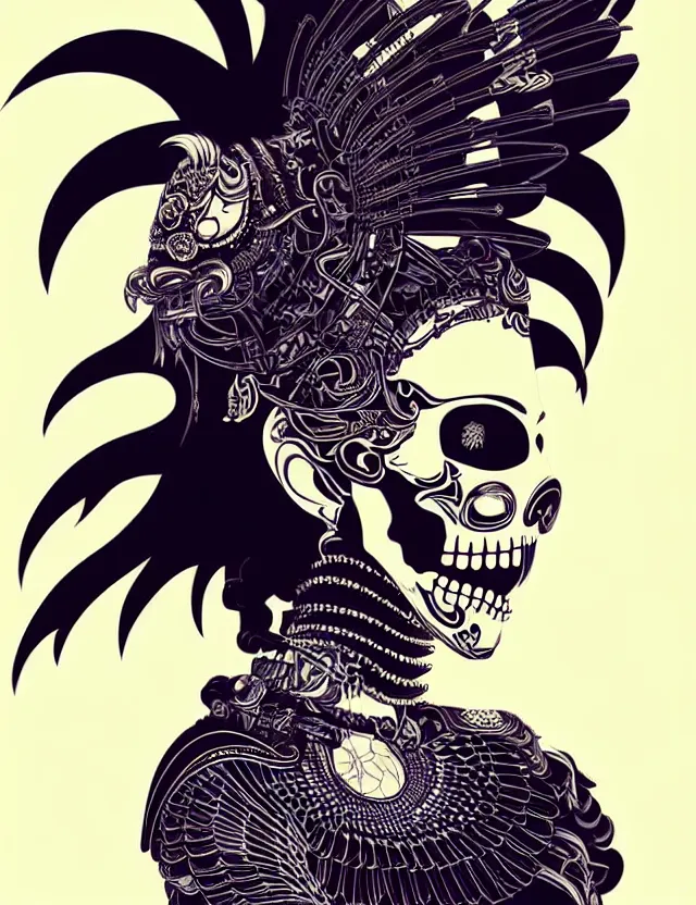 Image similar to 3 d goddess close - up profile simple portrait punk skull with mohawk with ram skull. beautiful intricately detailed japanese crow kitsune mask and clasical japanese kimono. betta fish, jellyfish phoenix, bio luminescent, plasma, ice, water, wind, creature, artwork by tooth wu and wlop and beeple and greg rutkowski