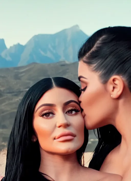 Image similar to film still of kylie Jenner making out with kim kardashian, scenic mountain backround, lens flare, cinematic