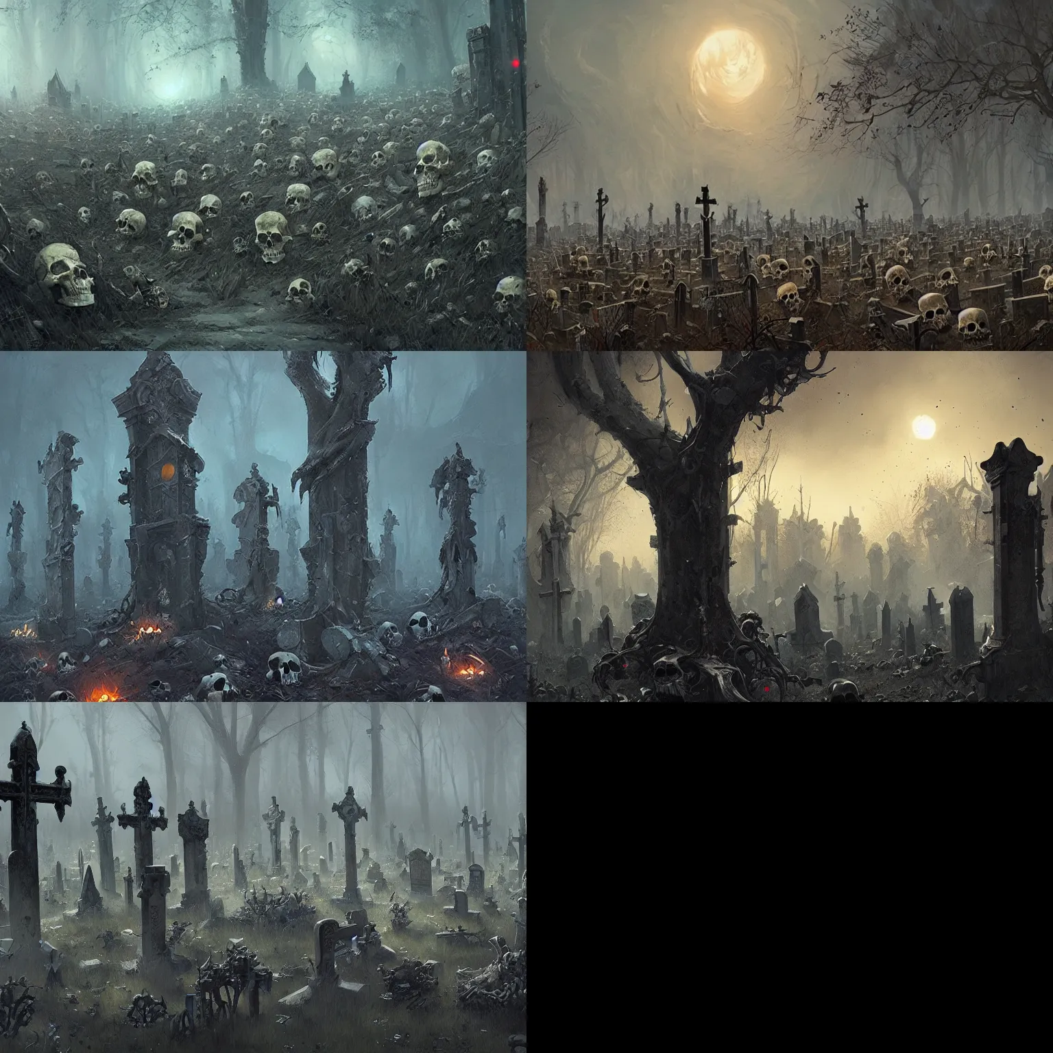 Prompt: a graveyard of skulls, Greg Rutkowski