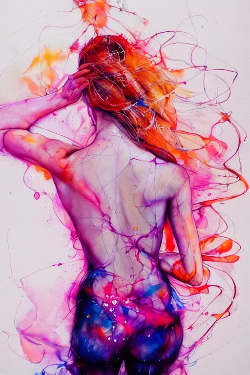 Image similar to sophia vergara by agnes cecile enki bilal moebius, intricated details, 3 / 4 back view, bendover posture, full body portrait, extremely luminous bright design, pastel colours, drips, autumn lights