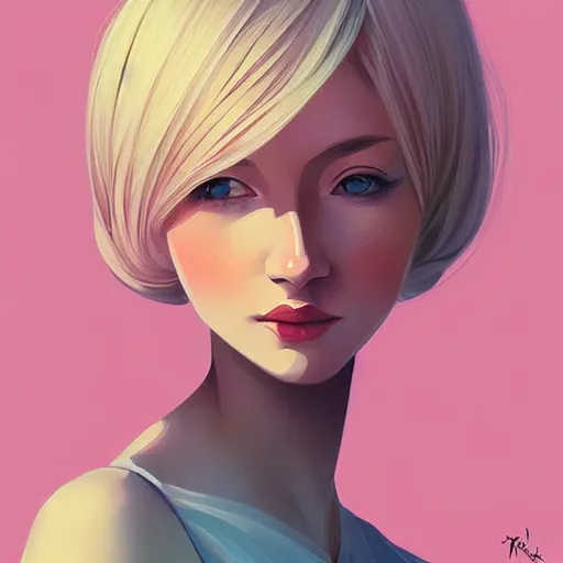 Prompt: beautiful woman in summer dress art, light blonde shoulder-length hair, muted colors, matte print, pastel colors, ornate, digital art, digital painting, fan art, elegant, by Ilya Kuvshinov