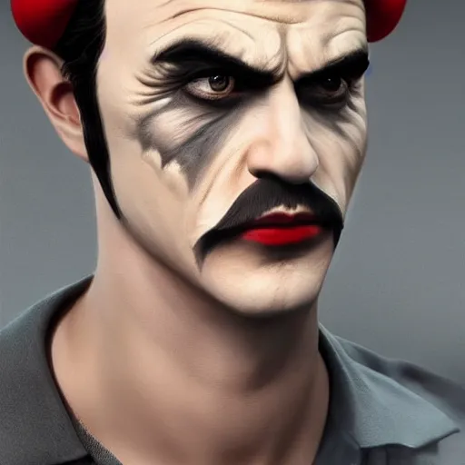 Prompt: Mario in real life with joker makeup, realistic, very realistic, hyperrealistic, highly detailed, very detailed, extremely detailed, detailed, digital art, oil painting, trending on artstation, headshot and bodyshot, detailed face, very detailed face, extremely detailed face, HD Quality, 8k resolution