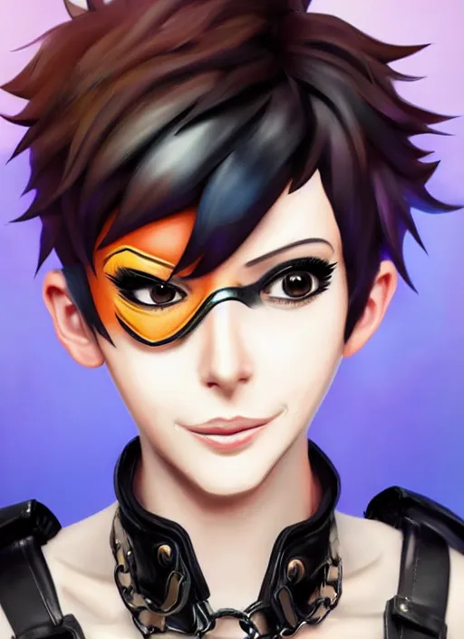 Image similar to portrait bust digital artwork of tracer overwatch, wearing black iridescent rainbow latex tank top, 4 k, expressive happy smug expression, makeup, in style of mark arian, angel wings, wearing detailed black leather collar, chains, black leather harness, detailed face and eyes,