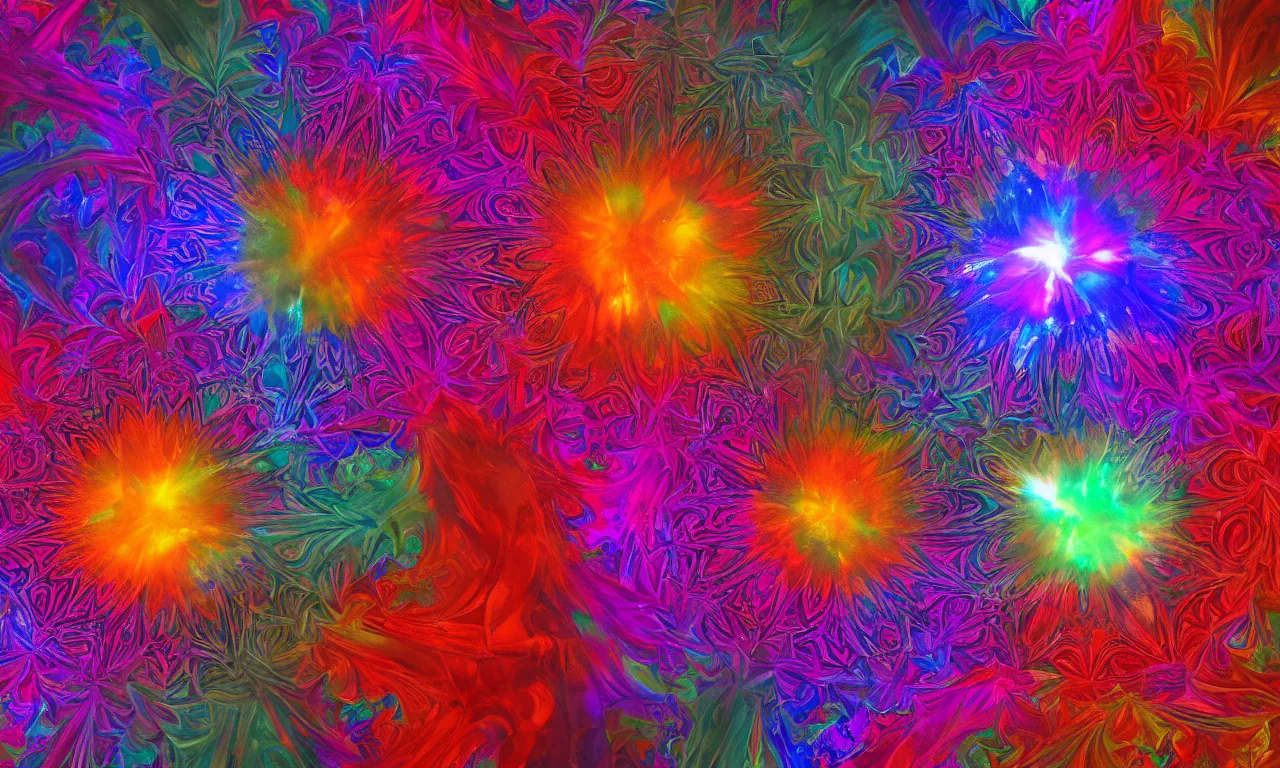 Image similar to acrylics blob voronoi engine laboratory 3 d volume kaleidoscope mandala fractal chakra digital multicolor stylized concept substance liquid nebula stone, a spectacular view cinematic rays of sunlight comic book illustration, by john kirby radiating a glowing aura global illumination ray tracing hdr depth fog overlay multiply photoshop layer