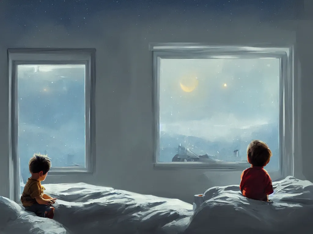 Image similar to a contemporary painting of a little boy sits in his bed and looks through the window into the night sky in a painting from stalenhag 4 k 8 k hdr artstation concept art