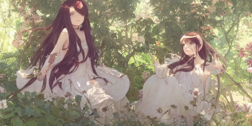 Image similar to a digital art of a loli with long hair in a dress in the privet garden at after noon, by krenz cushart and mucha and akihito yoshida and greg rutkowski and makoto shinkai, detailed eyes, 4 k resolution 、 trending on art station