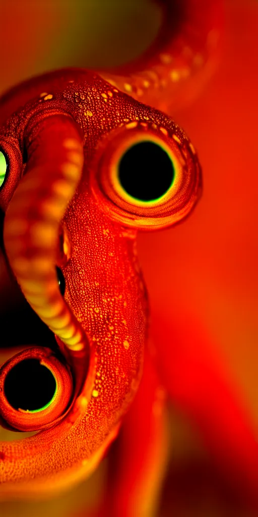 Image similar to fiery whimsical emotional eyes cephalopod, in a photorealistic macro photograph with shallow dof