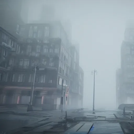 Image similar to an abandoned city with foggy weather and a storm, award winning, trending on artstation, unreal engine