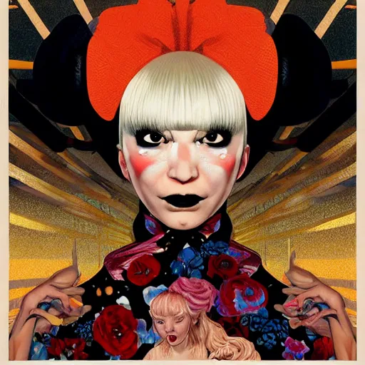 Image similar to portrait of crazy beautiful singer sia kate isobelle furler, big ribbon, symmetrical, by yoichi hatakenaka, masamune shirow, josan gonzales and dan mumford, ayami kojima, takato yamamoto, barclay shaw, karol bak, yukito kishiro