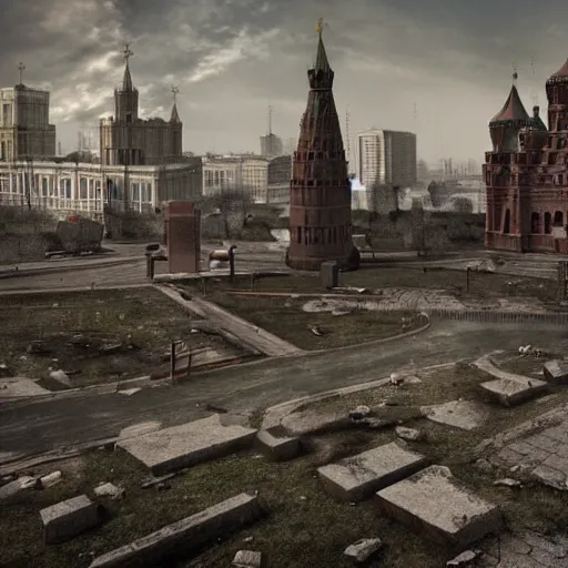 Prompt: ruins of moscow post - apocalypse, photorealistic