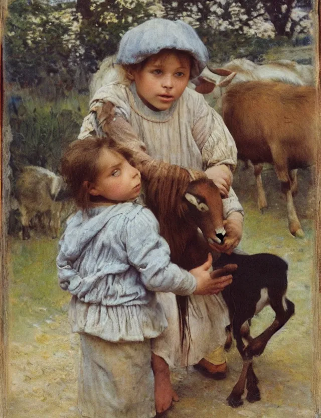 Image similar to portrait of little peasant girl petting a goat, cottage core, polaroid photo bleached vintage pastel colors high - key lighting, soft lights, foggy, by steve hanks, by lisa yuskavage, by serov valentin, by tarkovsky, 8 k render, detailed, oil on canvas