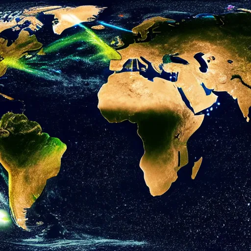 Prompt: a sattelite image of continents with life indicated by lights on the surface