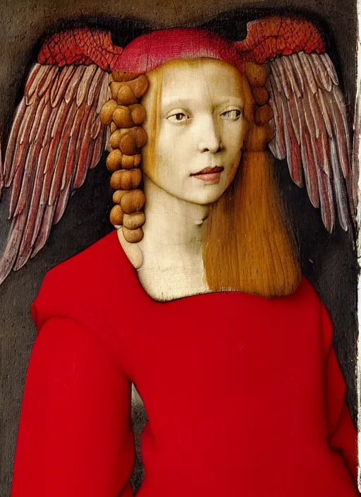 Image similar to profile of a fallen angel dressed in red with wings by Jan van Eyck, Hieronymus Bosch, Johannes Vermeer 4k post-processing, highly detailed medieval painting