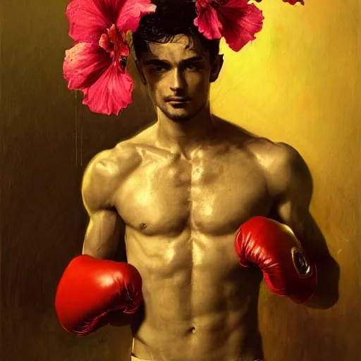 Prompt: handsome portrait of a young guy fitness posing, war hero, flexing, wearing vibrant boxing gloves, surrounded by hibiscus flowers, mma, spartan armor, radiant light, caustics, by gaston bussiere, bayard wu, greg rutkowski, giger, maxim verehin