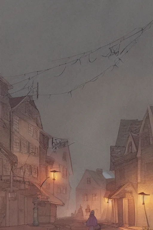 Image similar to foggy halloween night, small town. cell shaded digital illustration by studio ghibli, beatrice blue, zedig, akihiko yoshida