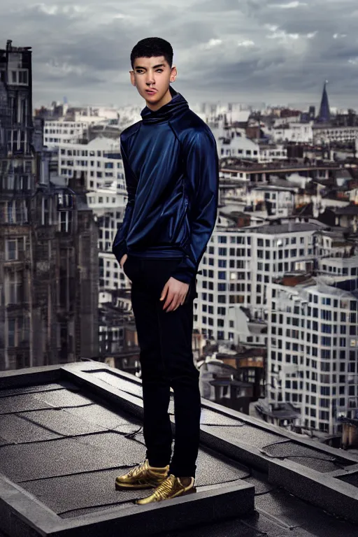 Image similar to un ultra high definition studio quality photographic art portrait of a young man standing on the rooftop of a british apartment building wearing soft padded silver pearlescent clothing. three point light. extremely detailed. golden ratio, ray tracing, volumetric light, shallow depth of field. set dressed.