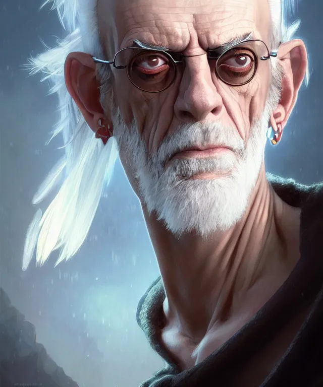 Prompt: portrait of chibi shaven christopher lloyd, his white hair is wild, intricate, headshot, highly detailed, digital painting, artstation, concept art, sharp focus, cinematic lighting, illustration, art by artgerm and greg rutkowski, alphonse mucha, cgsociety