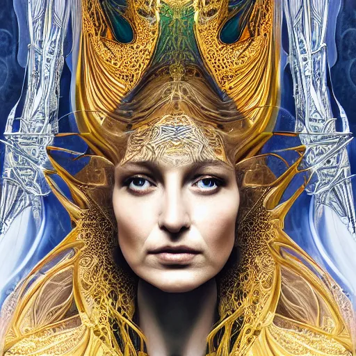 Image similar to high priestess queen of jupiter by iris van herpen, zaha hadid and alphonse mucha. highly detailed, hyper - real, very beautiful, intricate fractal details, very complex, opulent, epic, glowing, trending on deviantart and artstation