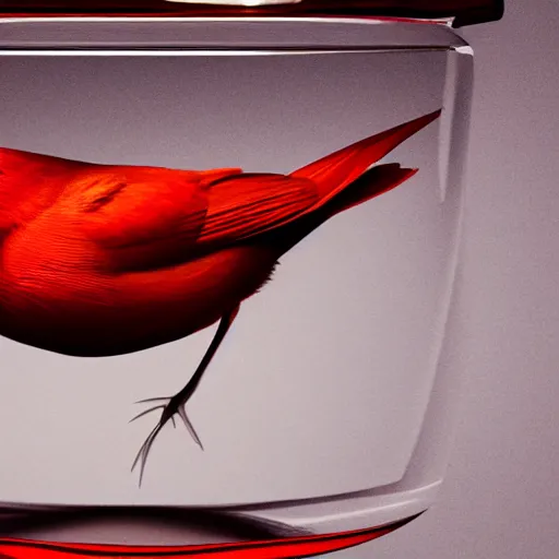 Prompt: a photorealistic photograph of a red Cardinal bird swimming inside of an Armagnac decanter at a polo lounge Trending on Artstation, featured on Behance, well-rendered, Unreal Engine, 4K HD