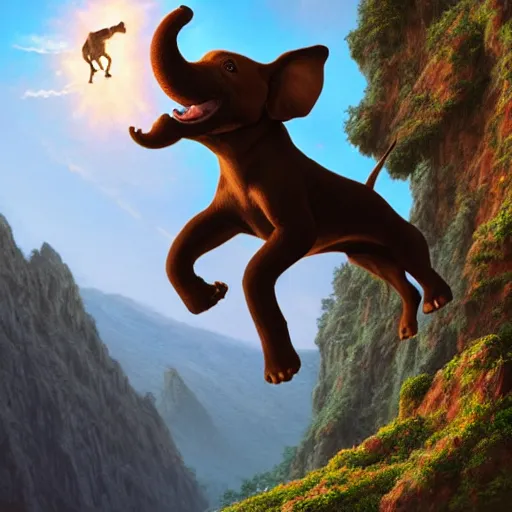 Prompt: a ( dog ) jumping from mountain, ( dog ) looks like elephant, intricate, epic lighting, cinematic composition, hyper realistic, 8 k resolution, unreal engine 5, by artgerm, tooth wu, dan mumford, beeple, wlop, rossdraws, james jean, marc simonetti, artstation