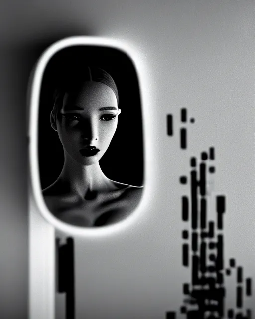 Prompt: black and white high quality photo of a beautiful futuristic female human-AI-queen looking into a sci-fi mirror:: volumetric lighting, liminal space, brutalism, foggy, dreamy, hyperdetailed, bokeh, photorealistic, cinematic, masterpiece, Metropolis, elegant, dark, octane render, 8K, photograph taking in 1910