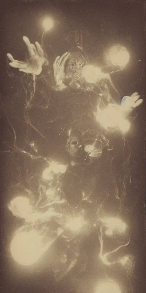 Image similar to spirit photography with glowing bulbous ectoplasm, scary reed people, sleep paralysis demon, 1 9 0 0 s, slimer, mourning family, invoke fear and dread, old photograph, daguerreotype, face of elon musk in the center