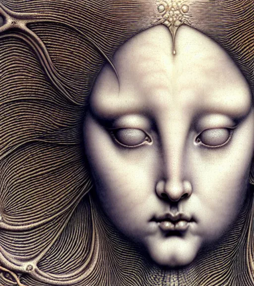 Image similar to detailed realistic porcelain beautiful moon goddess face portrait by jean delville, gustave dore, iris van herpen and marco mazzoni, art forms of nature by ernst haeckel, art nouveau, symbolist, visionary, gothic, neo - gothic, pre - raphaelite, fractal lace, intricate alien botanicals, ai biodiversity, surreality, hyperdetailed ultrasharp octane render