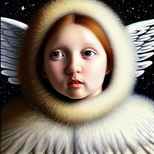 Prompt: highdetailed hyperrealistic painting of white angel!!! no gender!!!, giant ball of miracle light from the chest!!!!!, everywhere, 4 k hd fur face!!!, in the hood, big wings, by jan van eyck, holography space, white sparkles, glow effect, large strokes, white monochrome color!!!!!