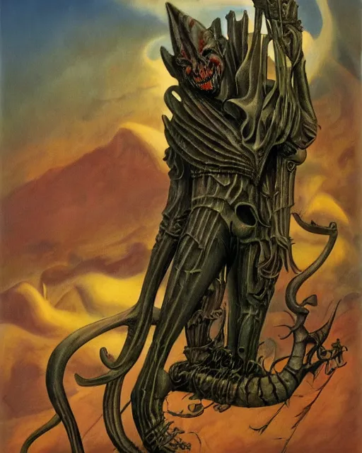 Image similar to male, dark jester by roger dean!!, by hr giger, hd, 8 k, highly detailed, sharpness