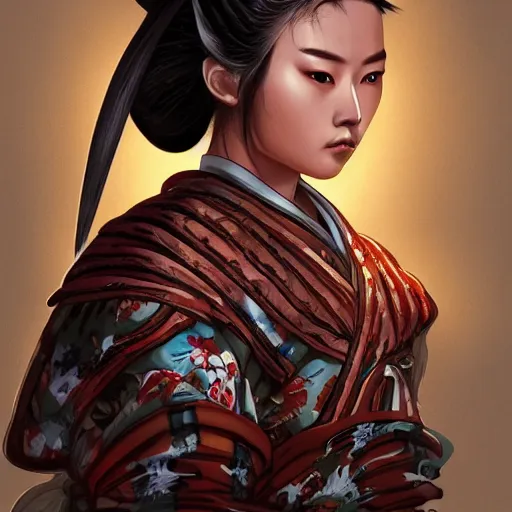 Image similar to portrait of a Asian samurai woman onna-musha, muscular, upper body, unarmored , D&D, fantasy, intricate, cinematic lighting, highly detailed, digital painting, artstation, concept art, smooth, sharp focus, illustration, art by Hajime Sorayama