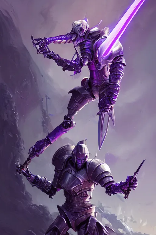 Image similar to fierce robot knight holdin magical sword, purple energy, highly detailed, d & d, fantasy, highly detailed, digital painting, trending on artstation, concept art, sharp focus, illustration, global illumination, ray tracing, realistic shaded, art by artgerm and greg rutkowski and fuji choko and viktoria gavrilenko and hoang lap