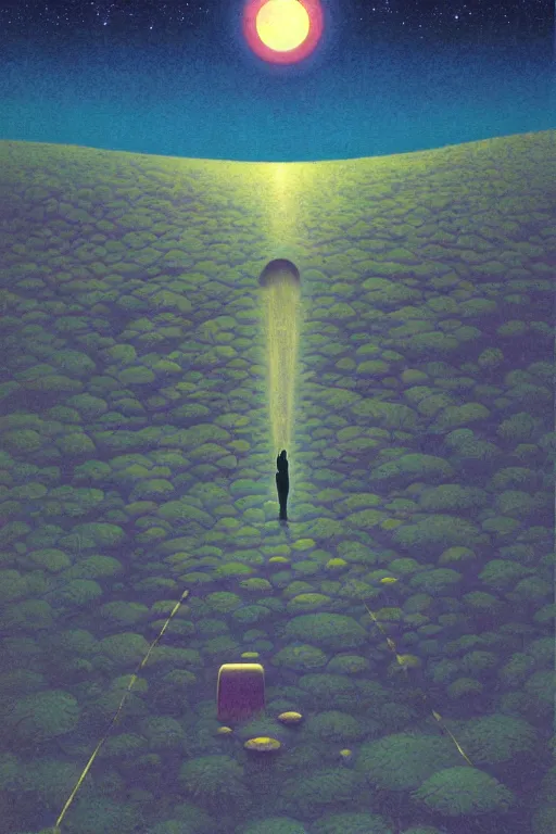 Image similar to a scifi scene of a spiritual being dreaming psychedelic hallucinations in cosmos, by kawase hasui, moebius, Edward Hopper and James Gilleard, Zdzislaw Beksinski, Steven Outram colorful flat surreal design, hd, 8k, artstation