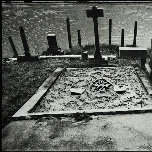 Image similar to the photograph shows a grave that has been flooded with water. the grave is located in a cemetery in italy. the water in the grave is dirty and there is trash floating in it. the grave is surrounded by a fence. motion blur by paul klee, by h. r. ( hans ruedi ) giger serene