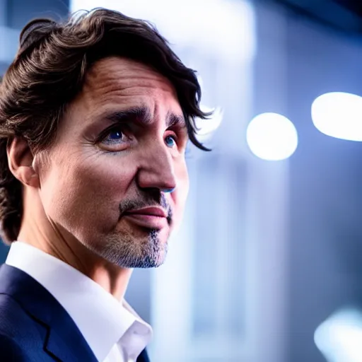 Image similar to a still of Justin Trudeau. He's wearing a suit, dark. Studio lighting, shallow depth of field. Professional photography City at night in background, lights, colors,4K
